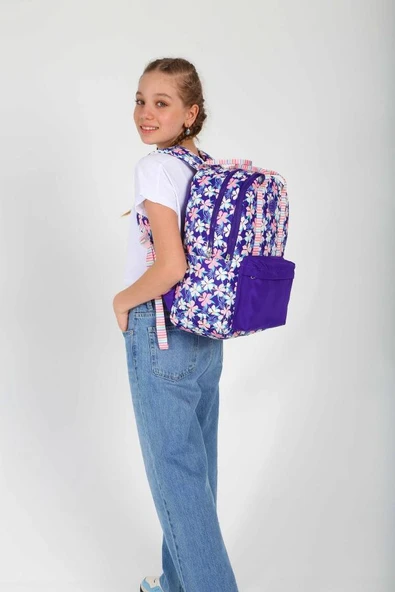 Kaukko K1763 Kız Çocuk/Kadın (Mor - Çiçek Desenli) Okul ve Günlük Sırt Çantası - Resim 4