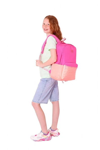 Kaukko Quick Kız Çocuk Üç Bölmeli Pembe Turuncu Kapitone Detaylı Okul Sırt Çantası - K1789 - Resim 6