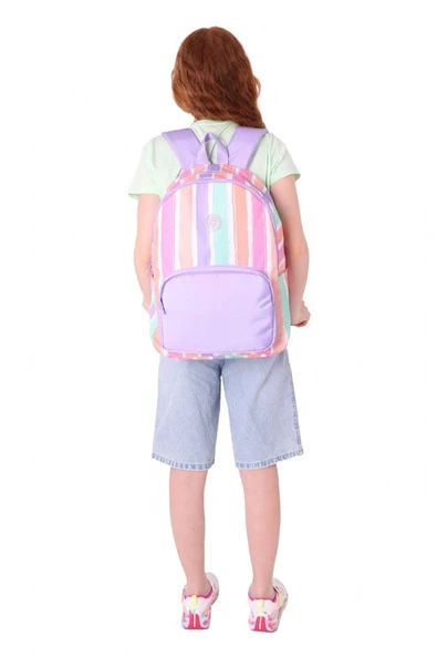 Kaukko Rainbow Kız Çocuk Üç Bölmeli İlkokul ve Ortaokul Çantası - Mor Çok Renkli Çizgili - K1801 - Resim 6