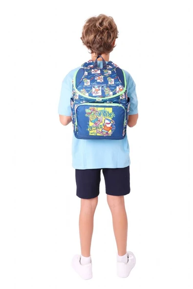 Kaukko İki Bölmeli Ergonomik Erkek Çocuk Okul Çantası (Lacivert Yeşil - Dinazor Baskılı) - L5256 - Resim 6