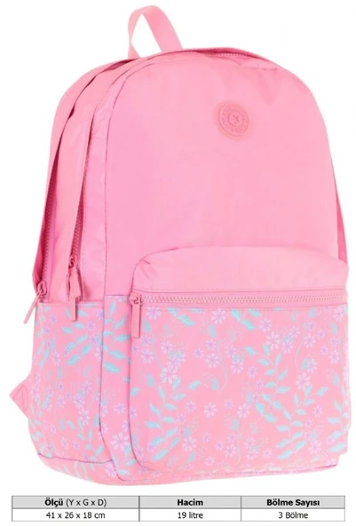 Kaukko Soft Floral Kız Çocuk Üç Bölmeli Pembe Çiçekli Okul Sırt Çantası - K1794 - Resim 4