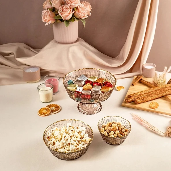 Fecra Rita 3'lü Cam Kase Seti Kahve Altın Fileli - 2