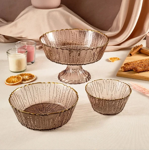 Fecra Rita 3'lü Cam Kase Seti Kahve Altın Fileli - 3