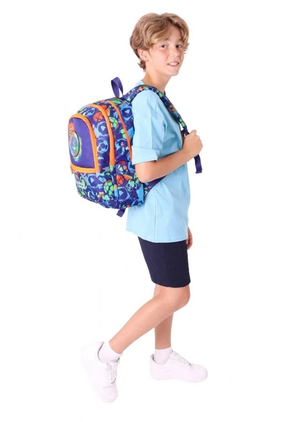 Kaukko Üç Bölmeli Erkek Çocuk İlkokul Sırt Çantası (L5269) - Lacivert Turuncu - Futbol Topu Baskılı - Resim 5