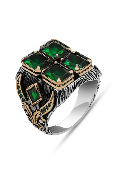 4 Yeşil Taşlı Kılıç Model 925 Erkek Gümüş Yüzük - Resim 2