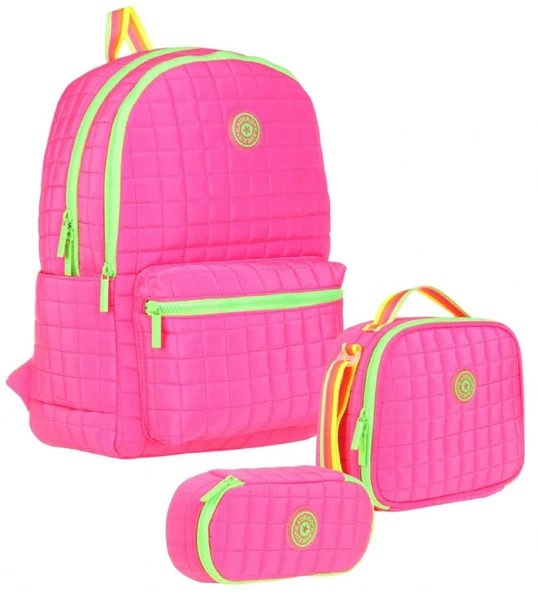 Kaukko Quilted Pembe Yeşil Kapitone Üçlü Okul Çantası Seti - Kız Çocuk ürün görseli