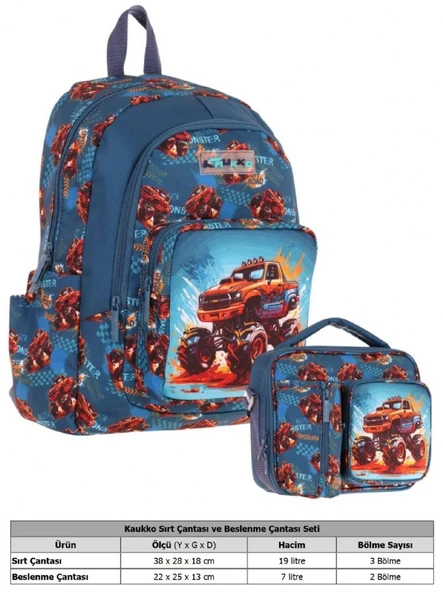 Kaukko Kids Arazi Aracı Erkek Çocuk Yeşil Kırmızı Okul Çantası ve Beslenme Çanta Takımı - 2