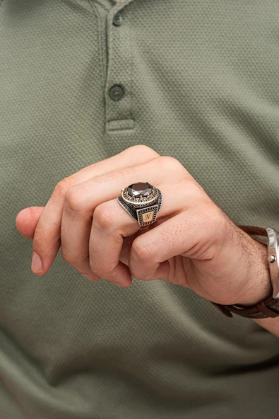 Siyah Taşlı Harfli 925 Erkek Gümüş Yüzük - Resim 4