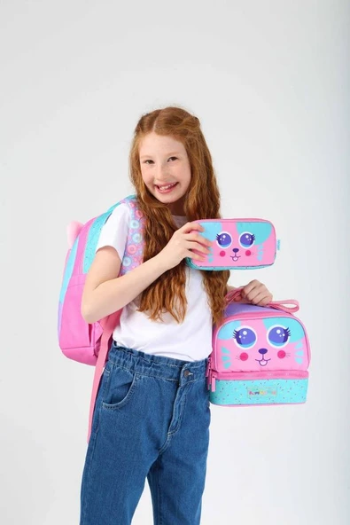 Kaukko Kids Kız Çocuk Üçlü İlkokul 1.2.3.4. Sınıf Okul Çanta Seti - Sevimli Kedi Şekilli - Pembe Yeşil - Resim 2