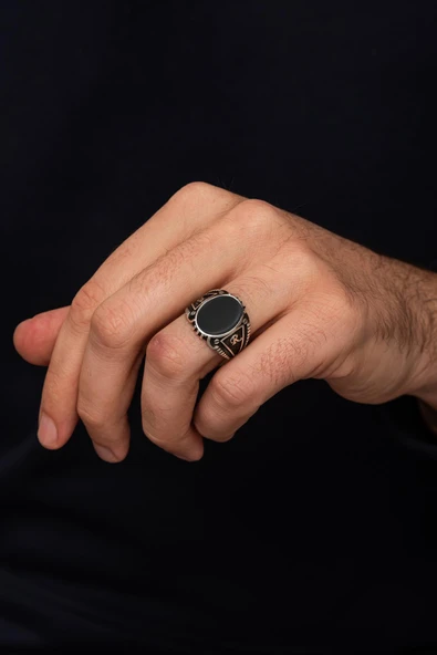 Siyah Oniks Taşlı Harfli 925 Erkek Gümüş Yüzük - Resim 7