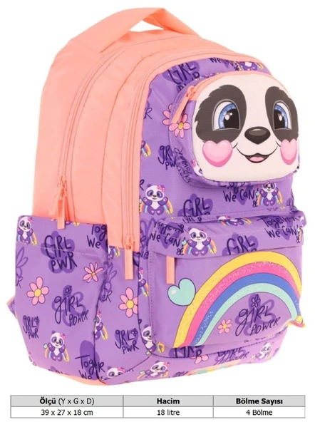 Kaukko Toys Kız Çocuk 3D Panda Şekilli İlkokul ve Günlük Sırt Çantası - Mor Somon - L5233 - Resim 4