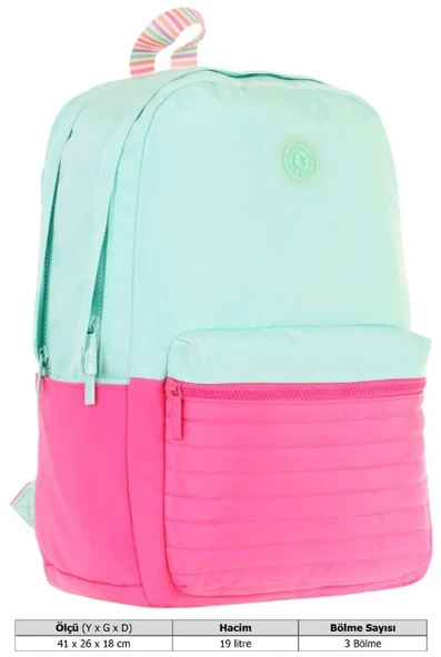 Kaukko Quick Kız Çocuk Üç Bölmeli Yeşil Pembe Kapitone Detaylı Okul Sırt Çantası - K1790 - Resim 4