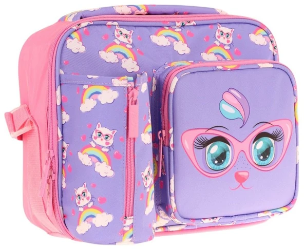 Kaukko Kız Çocuk, Lila Pembe, Kedi Baskılı Isı Yalıtımlı Üç Bölmeli (Matara Cepli) Okul Beslenme Çantası L7236