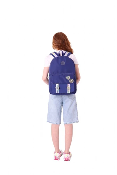 Kaukko Mirror Parlak Love Şeritli Kalp Aksesuarlı Okul ve Günlük Sırt Çantası - Kız Çocuk/Kadın - Lacivert - K1843 - Resim 6