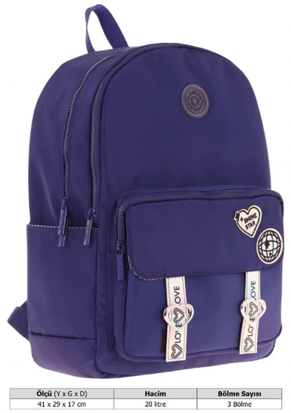 Kaukko Mirror Parlak Love Şeritli Kalp Aksesuarlı Okul ve Günlük Sırt Çantası - Kız Çocuk/Kadın - Lacivert - K1843 - Resim 4