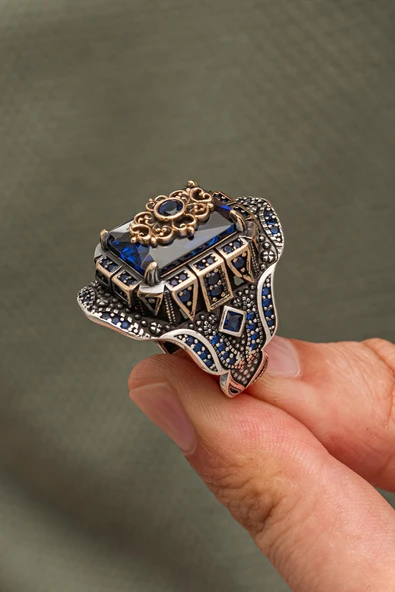 Siyah Taşlı Çiçek Motifli 925 Erkek Gümüş Yüzük - Resim 3