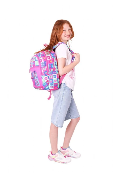 Kaukko Üç Bölmeli Kız Çocuk İlkokul Sırt Çantası (L5229) - Pembe Mavi - Love Desenli - Resim 5