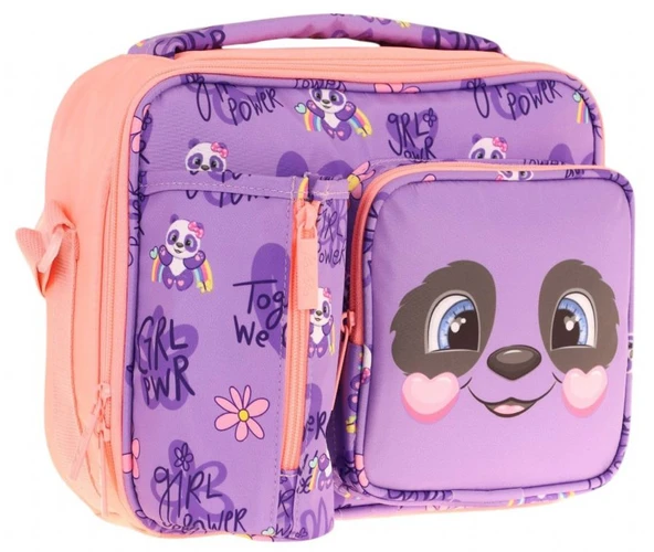 Kaukko Kız Çocuk, Mor SOmon, Panda Desenli Isı Yalıtımlı Üç Bölmeli (Matara Cepli) Okul Beslenme Çantası L7233