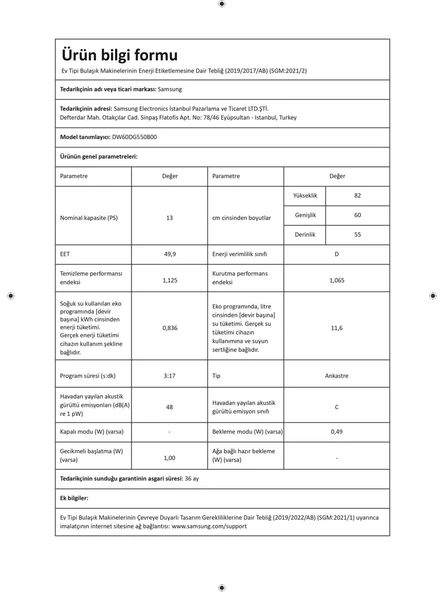 Samsung DW60DG550B00TR 5 Programlı Ankastre Bulaşık Makinesi, D Enerji Sınıfı - 2