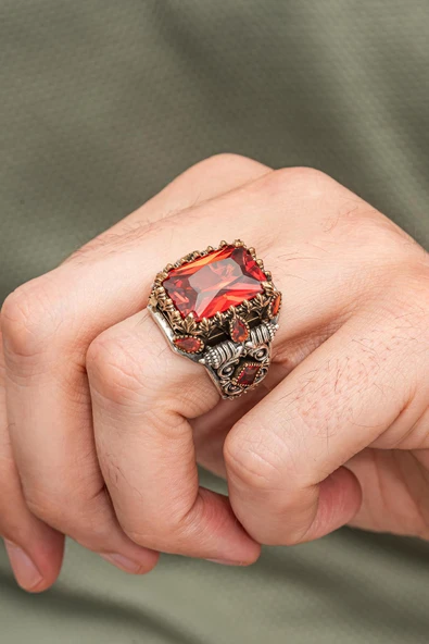 Kırmızı Zirkon Taşlı 925 Erkek Gümüş Yüzük - Resim 3