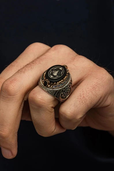 Fetih Koleksiyonumuzdan Tuğra Motifli  925 Erkek Gümüş Yüzük - Resim 7