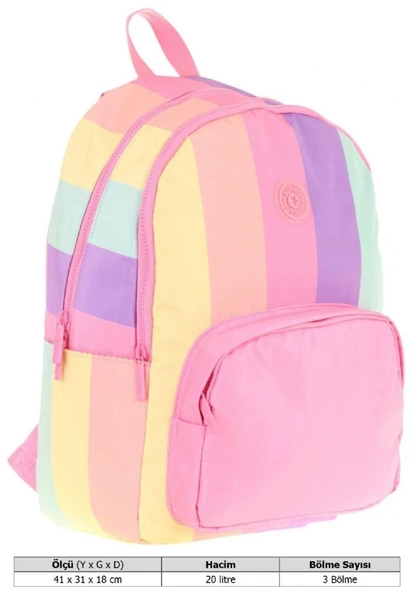 Kaukko Rainbow Kız Çocuk Üç Bölmeli İlkokul ve Ortaokul Çantası - Pembe Çok Renkli Çizgili - K1802 - 4