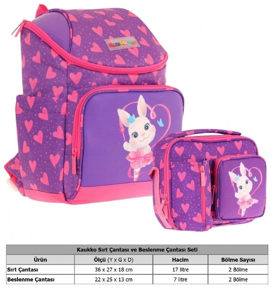 Kaukko L5246+L7246 Okul Sırt Çantası + Beslenme Çantası Seti - Mor Pembe - Kalpli Tavşan - Kız Çocuk - Resim 2