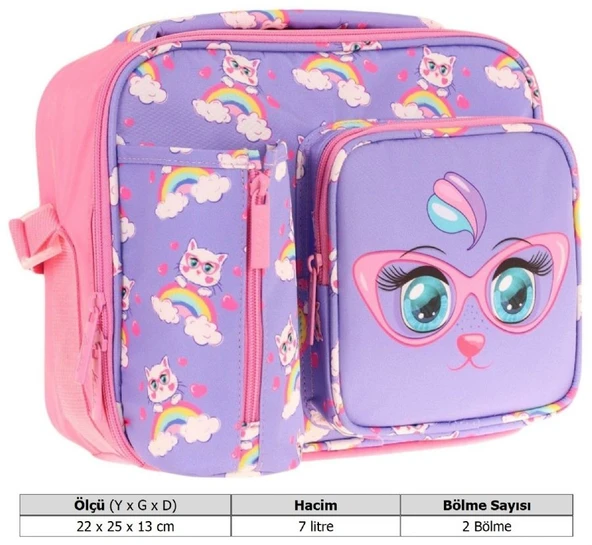 Kaukko Kız Çocuk, Lila Pembe, Kedi Baskılı Isı Yalıtımlı Üç Bölmeli (Matara Cepli) Okul Beslenme Çantası L7236 - 3