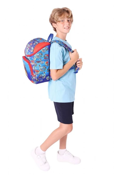 Kaukko İki Bölmeli Ergonomik Erkek Çocuk Okul Çantası (Lacivert Kırmızı - Kamyon Desenli) - L5257 - Resim 5