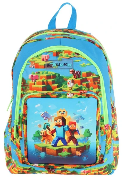 Kaukko Kids Üç Bölmeli (Mavi Yeşil - Craft Baskılı) Erkek Çocuk Okul ve Günlük Sırt Çantası - L5280 - Resim 2