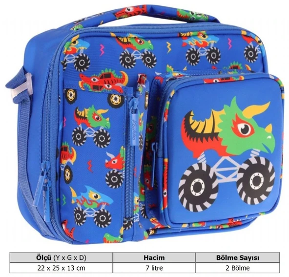 Kaukko Erkek Çocuk, Mavi Yeşil, Canavar Baskılı Isı Yalıtımlı Üç Bölmeli (Matara Cepli) Okul Beslenme Çantası L7255 - 3