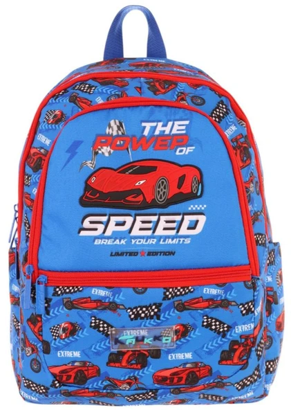 Kaukko Üç Bölmeli Erkek Çocuk İlkokul Sırt Çantası (L5268) - Mavi Kırmızı - Yarış Arabası Desenli - Resim 2