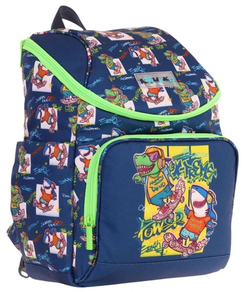 Kaukko İki Bölmeli Ergonomik Erkek Çocuk Okul Çantası (Lacivert Yeşil - Dinazor Baskılı) - L5256 ürün görseli