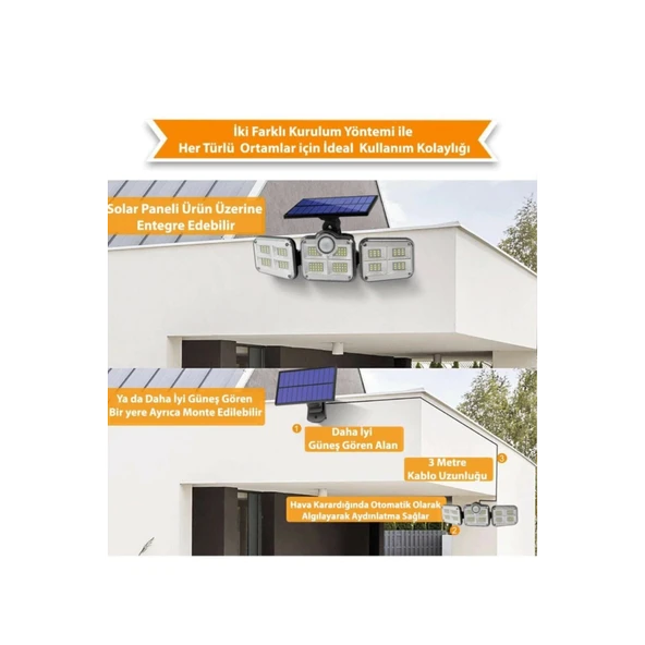 Kumandalı Solar Güneş Enerjili 122 Ledli Hareket Sensörlü Bahçe Aydınlatma Sokak Lambası - 3