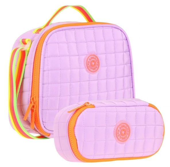 Kaukko Kapitone Okul Termoslu Beslenme Çantası ve Organizer Kalemlik Seti - Kız Çocuk - Mor Turuncu ürün görseli