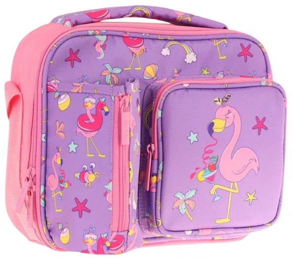 Kaukko Kız Çocuk, Mor Pembe, Flamingo Baskılı Isı Yalıtımlı Üç Bölmeli (Matara Cepli) Okul Beslenme Çantası L7240