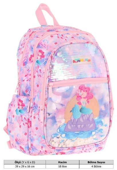 Kaukko Kids Kız Çocuk (Pembe Mavi - Pullu Denizkızı Desenli) Dört Gözlü Okul Sırt Çantası - L5217 - Resim 4