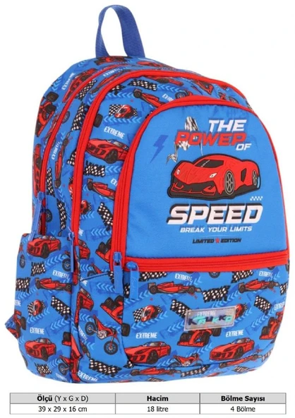 Kaukko Üç Bölmeli Erkek Çocuk İlkokul Sırt Çantası (L5268) - Mavi Kırmızı - Yarış Arabası Desenli - Resim 4