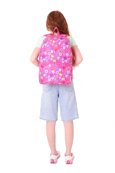 Kaukko Kız Çocuk Kalp ve Kaukko Baskılı Pembe Okul Çantası - Üç Bölmeli - K1783 - Resim 6