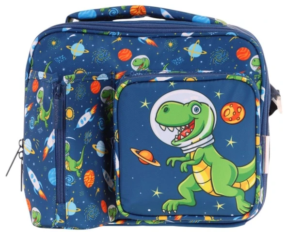 Kaukko Erkek Çocuk, Lacivert Yeşil, Dinazor Baskılı Isı Yalıtımlı Üç Bölmeli (Matara Cepli) Okul Beslenme Çantası L7252 - 2