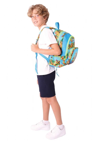 Kaukko Kids Üç Bölmeli (Mavi Yeşil - Craft Baskılı) Erkek Çocuk Okul ve Günlük Sırt Çantası - L5280 - Resim 5
