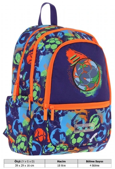 Kaukko Üç Bölmeli Erkek Çocuk İlkokul Sırt Çantası (L5269) - Lacivert Turuncu - Futbol Topu Baskılı - Resim 4