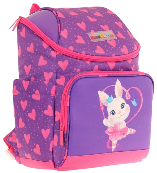 Kaukko İki Bölmeli Ergonomik Kız Çocuk Okul Çantası (Pembe Mor - Kalpli Tavşan Desenli) - L5246