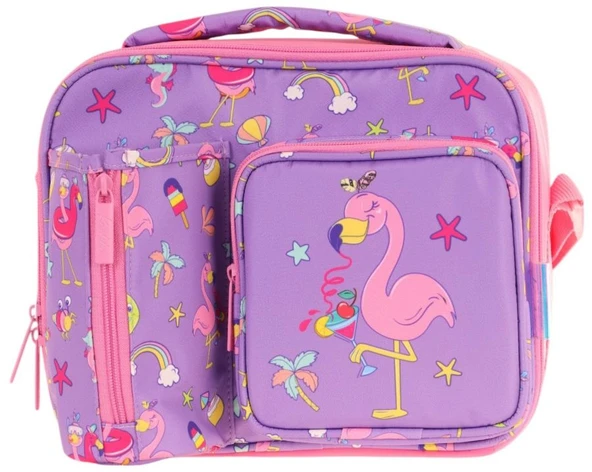 Kaukko Kız Çocuk, Mor Pembe, Flamingo Baskılı Isı Yalıtımlı Üç Bölmeli (Matara Cepli) Okul Beslenme Çantası L7240 - 2