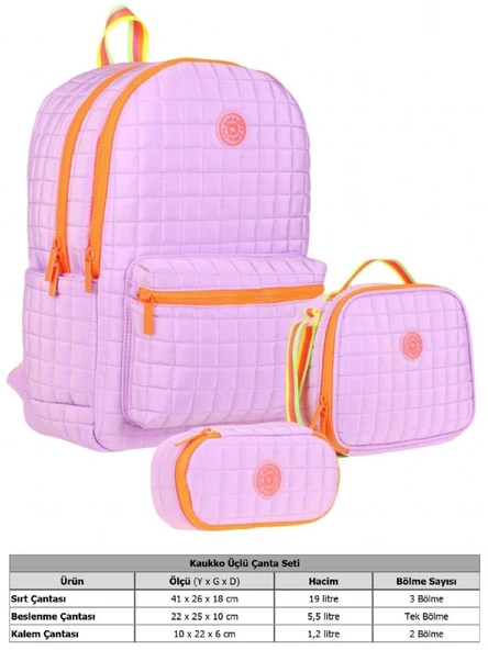 Kaukko Quilted Mor Turuncu Kapitone Üçlü Okul Çantası Seti - Kız Çocuk - Resim 3