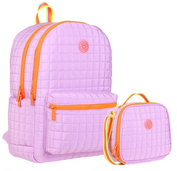 Kaukko Kız Çocuk Kapitone Detaylı Mor Turuncu Okul Çantası ve Kalemlik Seti(K1772+K9047) ürün görseli