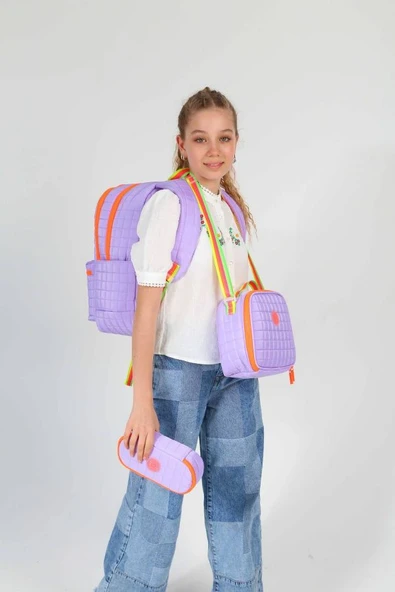 Kaukko Quilted Mor Turuncu Kapitone Üçlü Okul Çantası Seti - Kız Çocuk - Resim 2