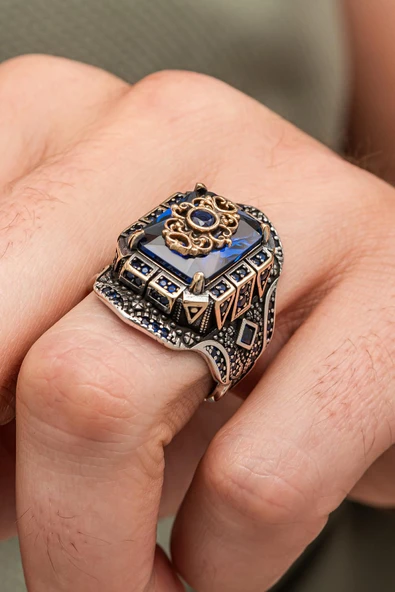 Siyah Taşlı Çiçek Motifli 925 Erkek Gümüş Yüzük - Resim 4