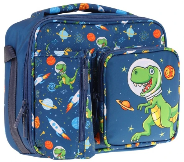 Kaukko Erkek Çocuk, Lacivert Yeşil, Dinazor Baskılı Isı Yalıtımlı Üç Bölmeli (Matara Cepli) Okul Beslenme Çantası L7252