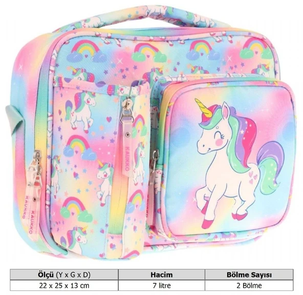Kaukko Kız Çocuk, Çok Renkli, Unicorn Baskılı Isı Yalıtımlı Üç Bölmeli (Matara Cepli) Okul Beslenme Çantası L7243 - Resim 3